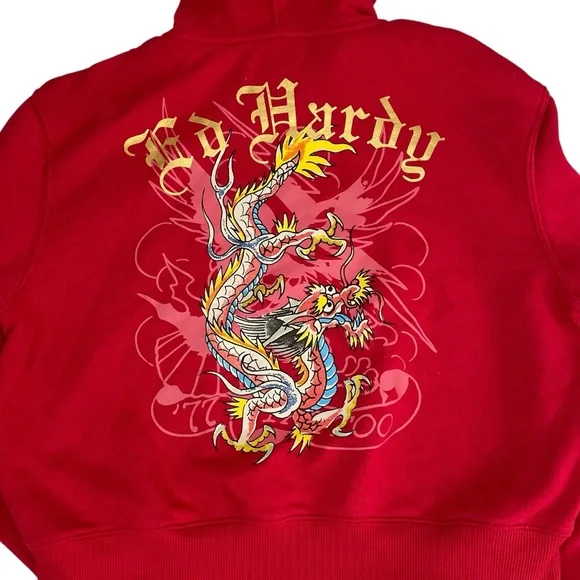 Ed Hardy Red Dragon Tattoo Graphic Zip Up Hoodie Y2K Medium - Picture 3 of 12